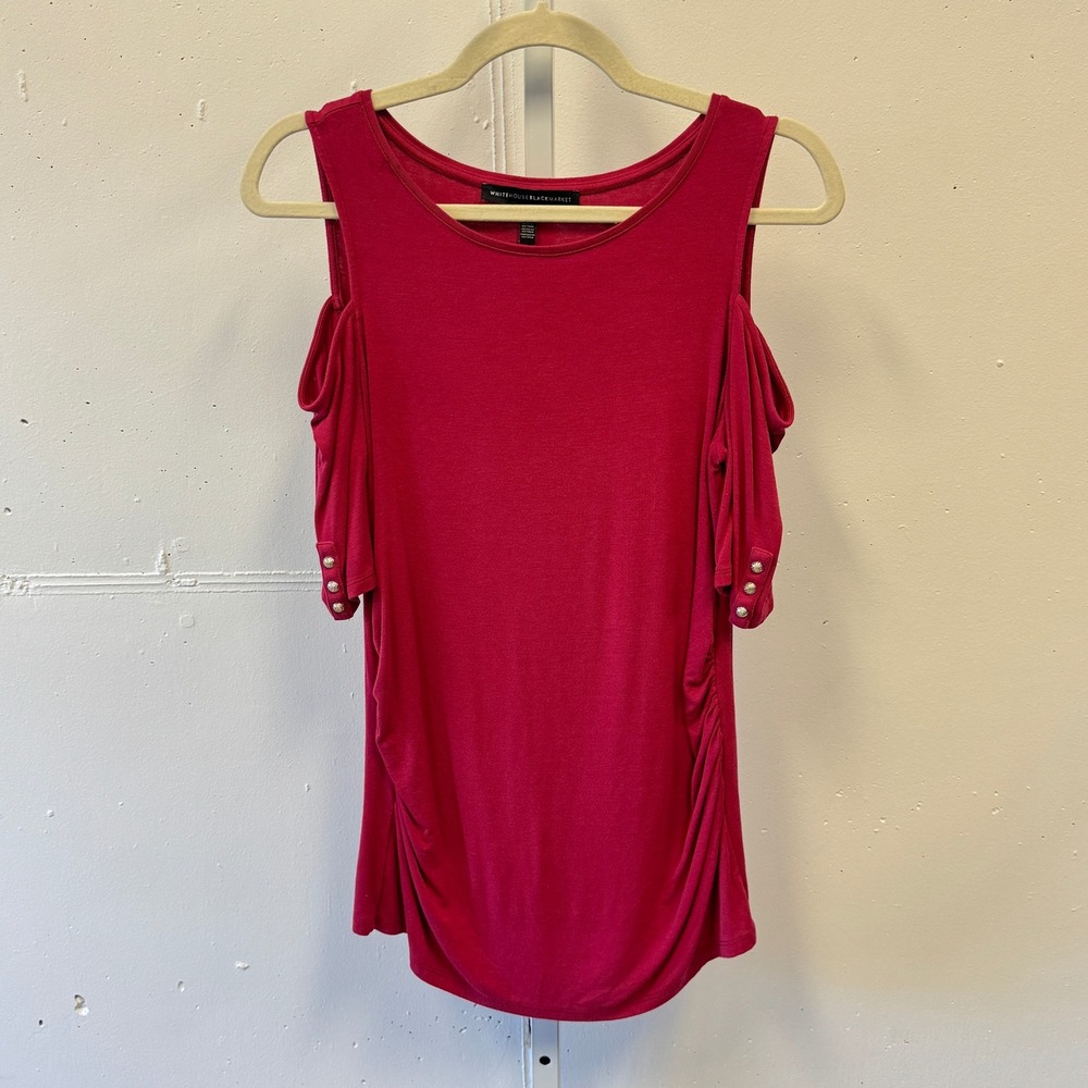 White House Black Market‎ Magenta Cold Shoulder Ruched Top Pink Med Stretch Soft